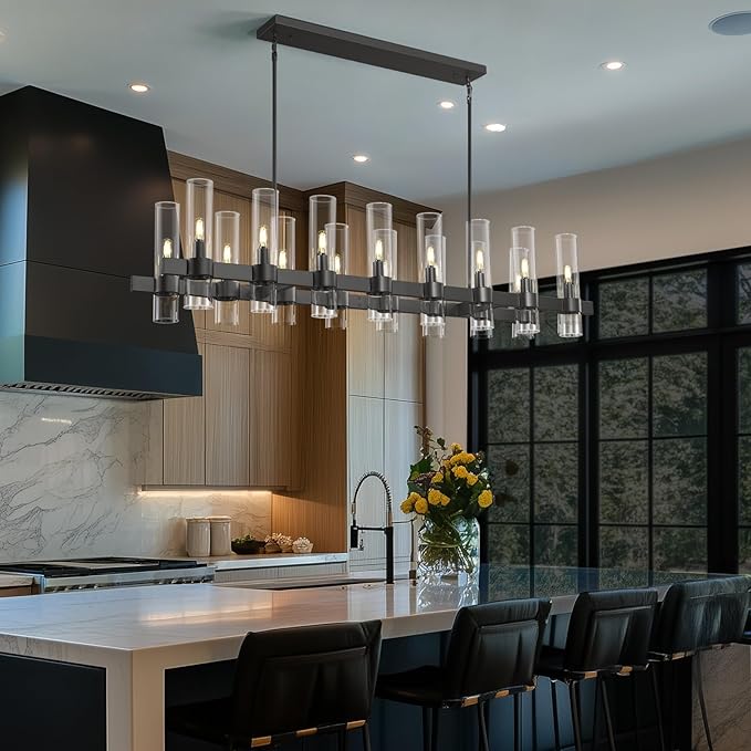 Modern Black Linear Chandelier for Dining Room, 54'' Rectangular Dining Chandeliers Over Dining Table 16 Light, Linear Chandelier Lighting Fixture with Glass over Kitchen Island, Includes Bulbs