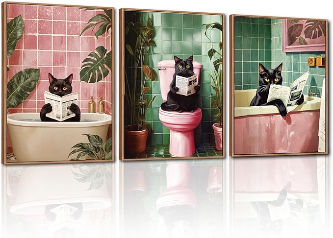 CHDITB Bathroom Black Cat Framed Canvas Wall Art Set, Funny Bathroom Wall Decor, Pink Green Toilet Artwork Black Cat Toilet Wall Painting, Tropical Art Prints Modern Home Decor - Large Size 16"x24"x3