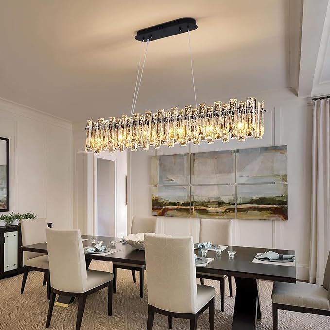 Modern Luxury Rectangular K9 Crystal Chandelier for Dining Room Living Room Kitchen Island Entryway Foyer L43 Easy Install Adjustable Hight 6-Light Ceiling Hanging Light Fixture Black