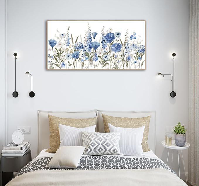 arteWOODS Elegant Flowers Framed Wall Art - Blue White Botanical Pictures for Wall Decor Floral Blossom Canvas Painting Print Artwork for Living Room Bedroom Home Office Wall Decoration 20" x 40"