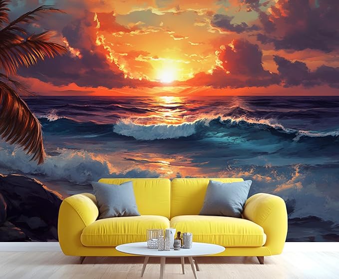 Coastal Mural Wallpaper, Ocean Sunset Murals, Cartoon Palm Trees Murals Wallpaper for Living Room Bedroom Home Decor Mural - 59" W x 39.12" H (Not Peel Stick)