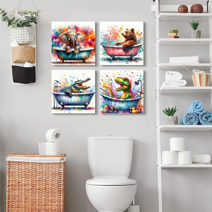 Kids Bathroom Wall Decor Cartoon Colorful Elephant Dinosaur Wall Art Funny Nursery Animals in Bathtub Picture Canvas Watercolor Bear Crocodile Artwork for Bedroom Bath Toilet Home Decoration 12x12" 4P