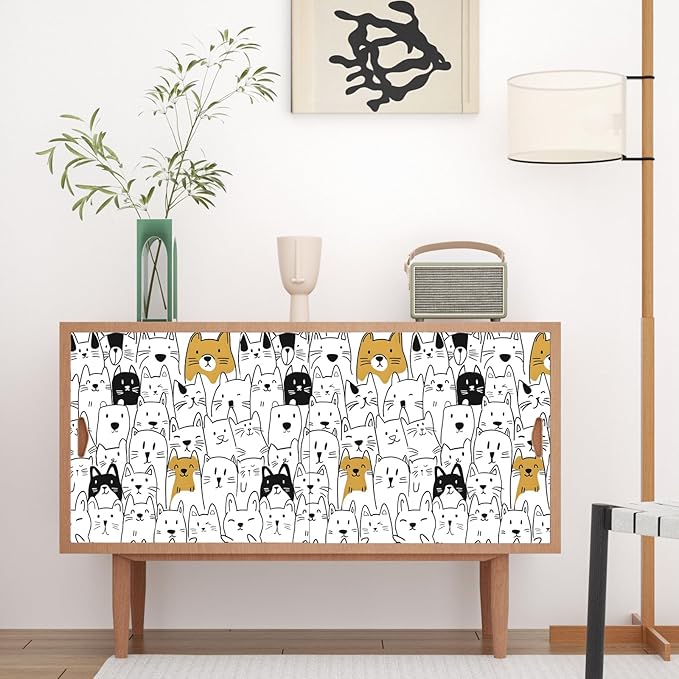 Cats Peel and Stick Wallpaper Boho White Contact Paper Cute Animal Removable Self Adhesive Waterproof Wall Paper for Cabinet Drawers Wall Decor Renter Friendly 17.5''x118''