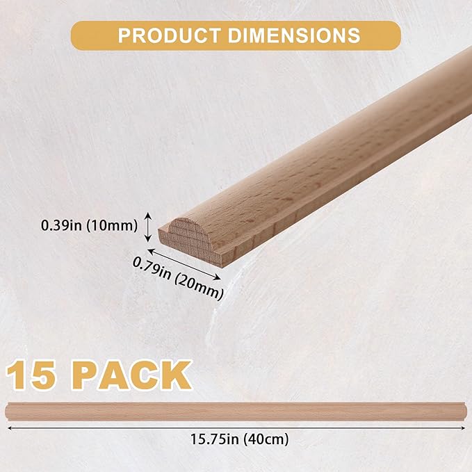15-Pack 15.75" Unfinished Wood Astragal Trim - Easy to Paint, Cute Decorative Molding DIY Craft for Furniture Frame, Mirror Edge, Wall, Door, Closet, Dresser, Shelf
