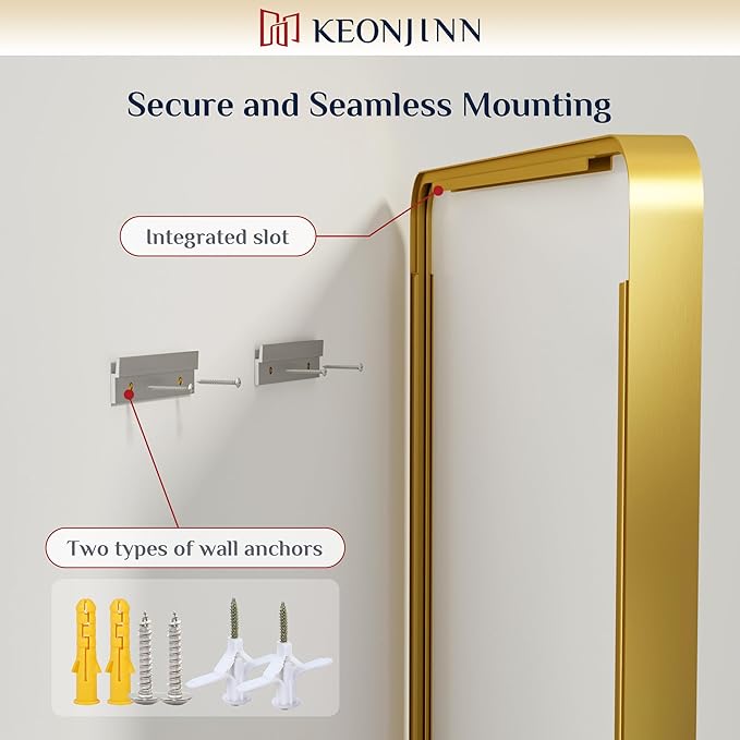 Keonjinn Gold Bathroom Mirrors for Over Sink, 32” x 36” Rounded Rectangle Brushed Gold Vanity Mirror, Anti-Rust Brass Mirror with HD Tempered Glass, Decorative Farmhouse Mirrors, Horizontal/Vertical