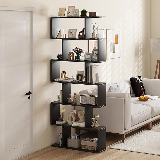 6 Tier Geometric Bookcase, S Shaped Bookshelf, Book Shelf Room Divider, Wood Freestanding Display Shelves, 75 Inch Staggered Bookshelf for Bedroom Living Room (1, Black)