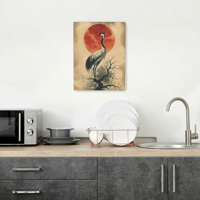Japanese Crane Wall Art Oriental Asian Wall Decor Sandhill Crane Canvas Pictures Paintings Prints Japan Traditional Aesthetic Artwork Framed Chinese Decorations For Bedroom Living Room Office Gifts 12" x 16"