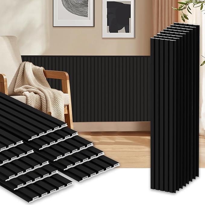 18Pack WPC Wainscoting Panels, 48.2 x 6.2 Inches 3D Accent Wall Panels for Interior Wall Decor, Fluted Wood Paneling for Living Room, TV Background, Office, Bedroom(Matte Black)
