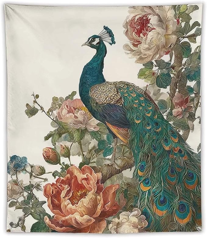 UUKXKUU Peacock Oriental Retro Blooming Flowers Tree Tapestry Wall Decor Large Wall Art Backdrop Flag Hanging for Bedroom Living Room Dorm Office 50"×60"
