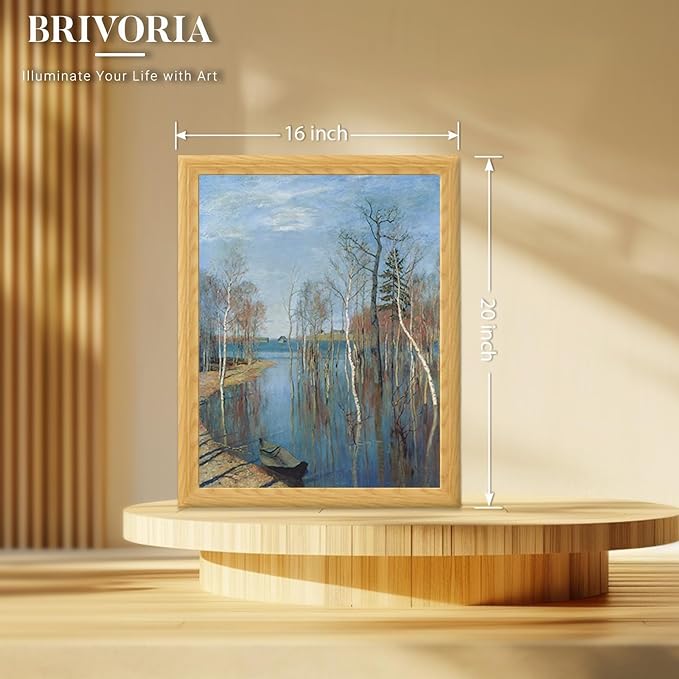 Brivoria Framed Canvas Wall Art Vintage Decor, Realistic Spring Art Print with Mat of Birch Trees Still Water and Cool Light for Living Room Statement Wall or Nature-Inspired Display, 16"x20"