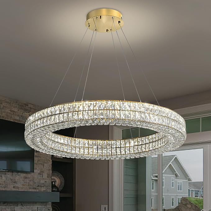 Led 24" Gold Ring Crystal Chandelier, Modern Dimmable Chandeliers Lighting and Hanging Adjustable, LED Round Ceiling Light Fixtures for Dining Room Living Room