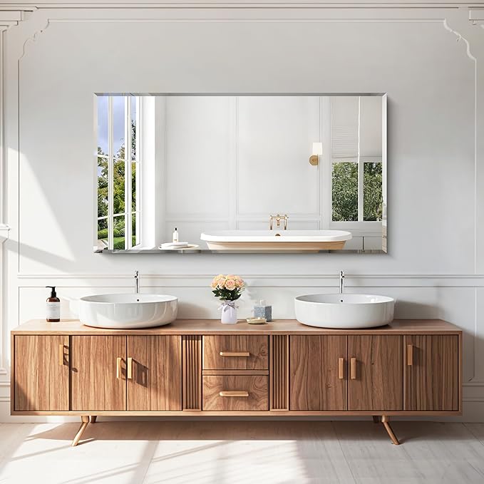 KOCUUY Beveled Mirror, 55x30 Inch Large Frameless Bathroom Mirror for Over Sink, Upgraded Shatterproof Beveled Unframed Design Mirror for Bathroom, Bedroom, Hang Horizontal/Vertical