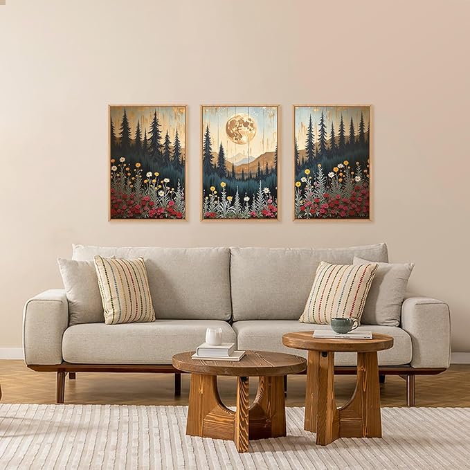 Ausril Vintage Moon Forest Wall Art Set of 3-16x24 Inch Framed Canvas Prints, Wildflower Mountain Landscape Painting, Nature Pine Tree Floral Decor for Living Room, Bedroom, Office, Boho Home Decor