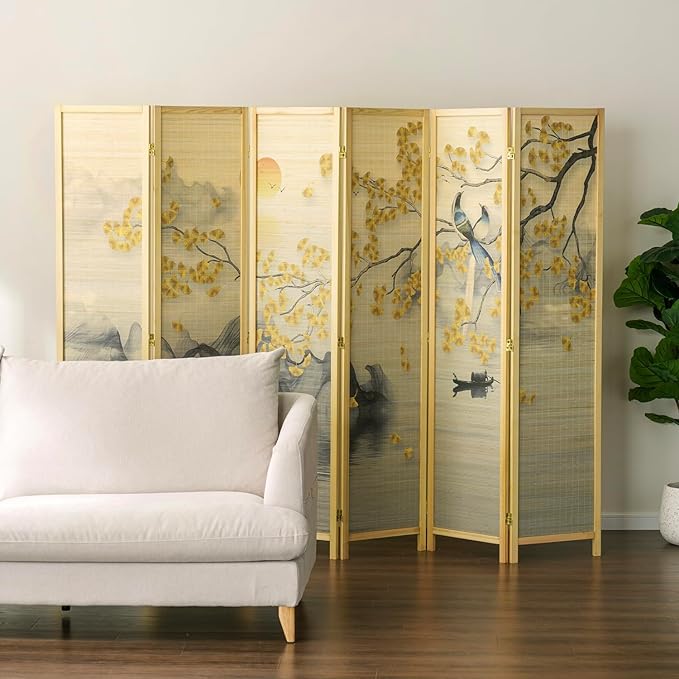 MyGift 6 Panel Large Bamboo Room Divider with Dual Sided Asian Birds Gingko Biloba Tree Sunset Design Print, 6FT Freestanding Artwork Privacy Partition Folding Screen with Beige Solid Wood Frame