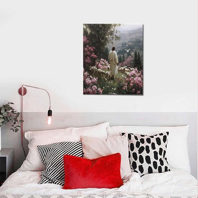 Jesus Wall Art Christian Jesus Lamb Wall Decor Religious God Canvas Painting Pictures Print Christ Decorations for Living Room Bedroom Church Framed Gifts 20”X24”