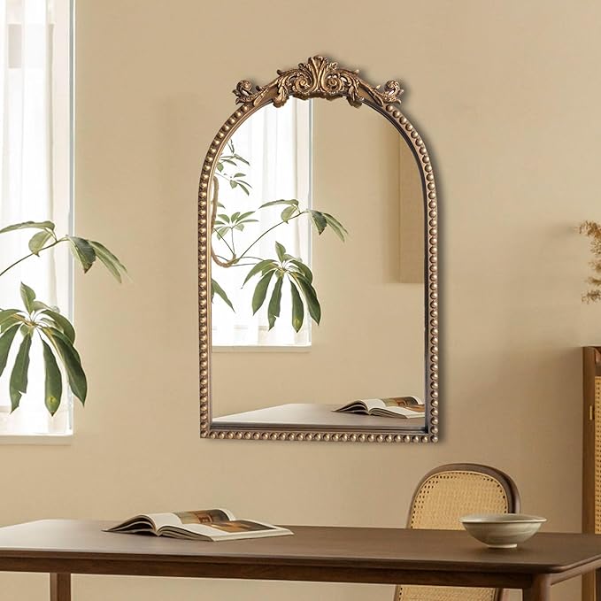 Arendahl Traditional Vintage Arch Mirror, 20" X 30" Baroque Ornate Accent Wall Mirrors Decorative Beaded Frame for Bathroom Sink, Entryway, Bedroom Vanity, Over Mantel Fireplace Wall Decor