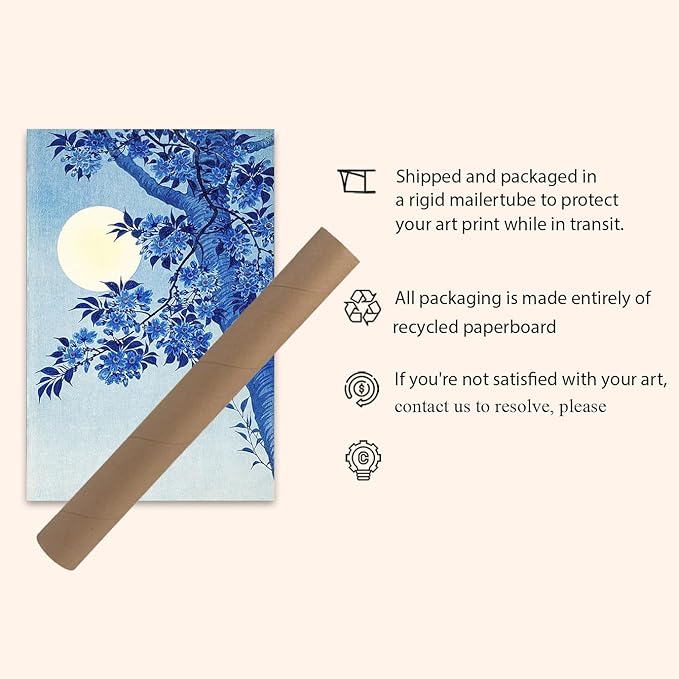 OZCONO Japanese Moon and Cherry Blossom Art Print, UV-Resistant Giclée Print, Unframed Wall Decor (30L x 20W)