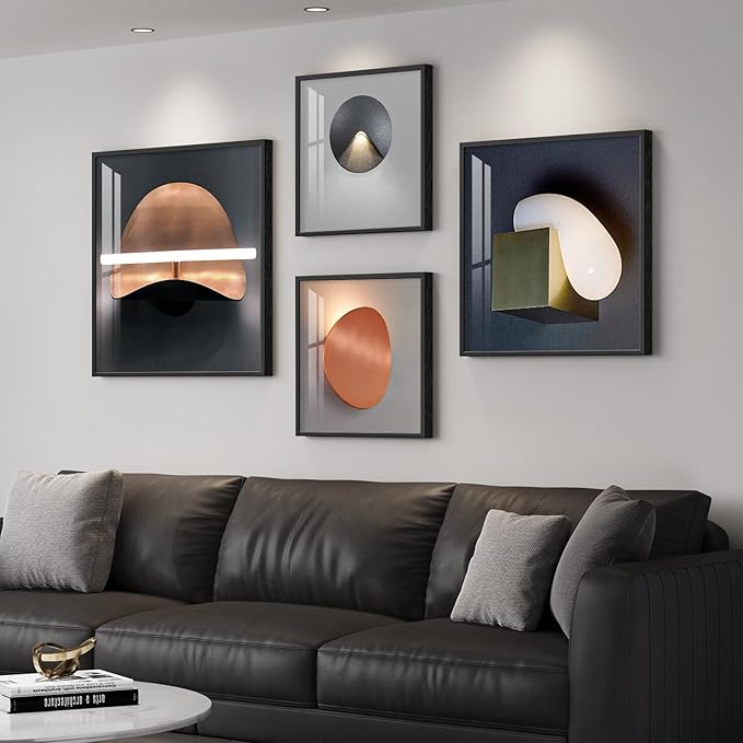 Large Framed Modern Abstract Wall Art for Bedroom, Set of 4 Piece Black Orange and Gray Luxury Bright Style Artworks, Minimalist Geometric Painting Prints Decor for Living Room Dining Room Hallway