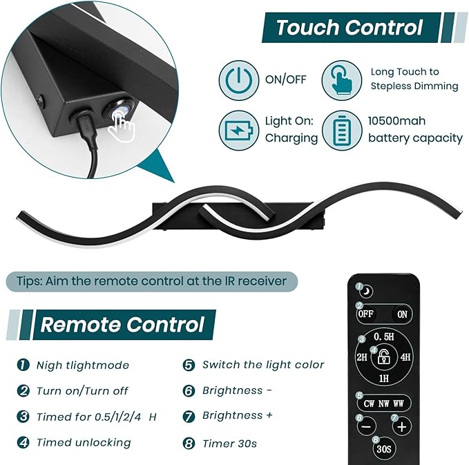 Battery Operated Wall Sconces, Rechargeable Wall Sconces, 3000K-6500K LED Wireless Wall Light, Modern Wall Lamp not Hardwired for Living Room Bedroom Hallway (Black)