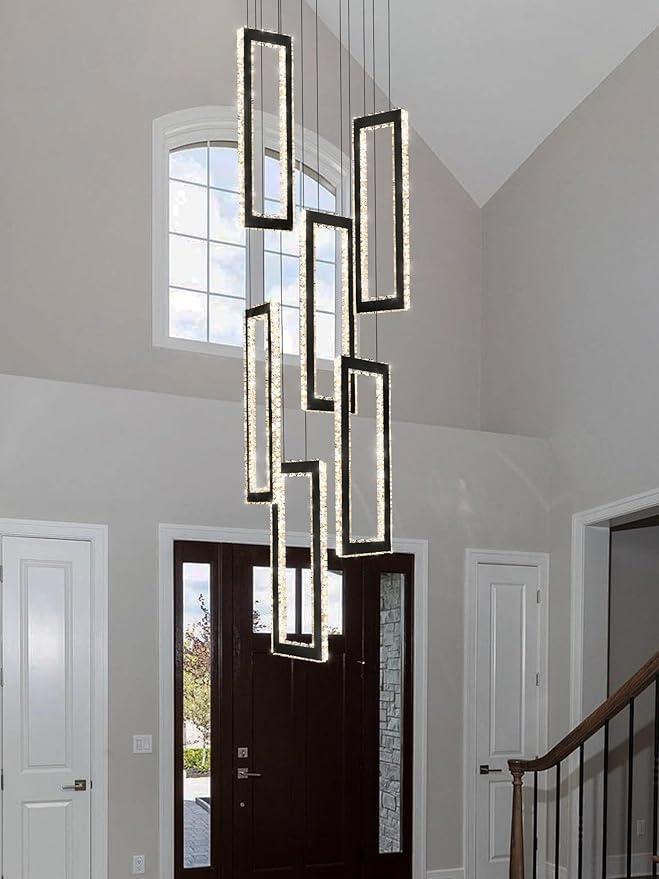 Modern Chandelier 6 Rings Black Chandeliers Lighting Fixture High Ceiling Chandelier Suitable for Living Room Staircase Villa