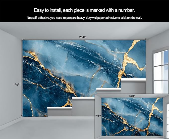 Blue Gold Marble Mural Wallpaper, Modern Fashion Marble Murals, Abstract 3D Texture Murals, Large Wallpaper for Living Room Bedroom Kids Room Home Decor Mural (Not Peel Stick)