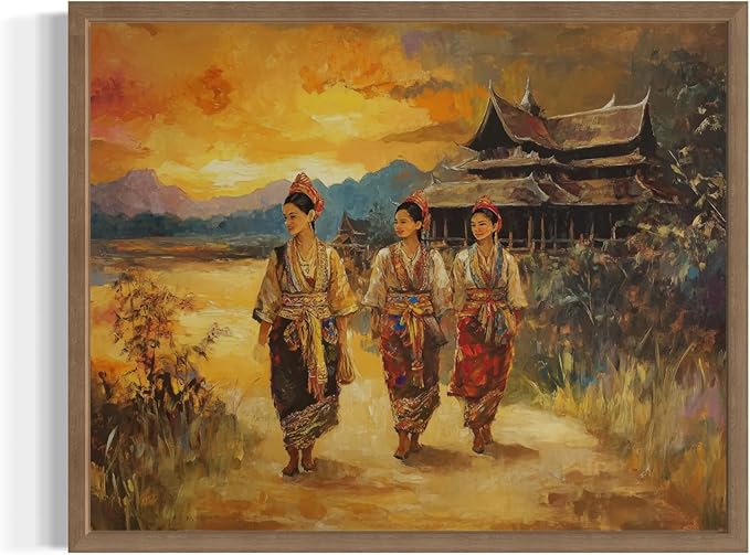 Laos Art Print Poster, Asia Oriental Countries Culture Wall Art Asian Paintings for Bedroom Bathroom Living Room Decor 97 (Laos, 16 x 20 inches, Wood Frame)