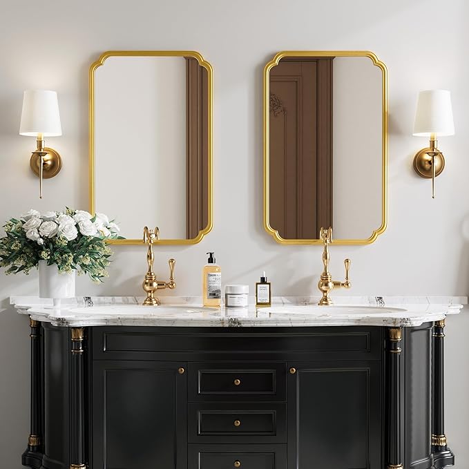 22x34 Inch Gold Bathroom Mirror, Metal Framed Wall Mirror with Rounded Edges, Rustproof Horizontal Vertical Hanging for Vanity Over Sink
