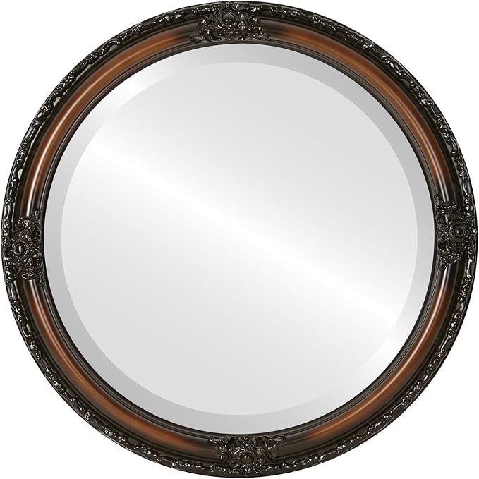 OVALCREST Round Beveled Wall Mirror for Home Decor - Jefferson Style - Walnut - 32x32 Outside Dimensions