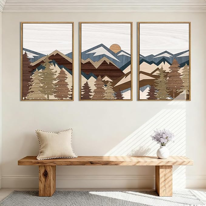 BINCUE Large Mountain Wall Art Vintage Mountains Office Framed Canvas 3 Piece Artwork 16x24 Inch for Living Room Bedroom Décor