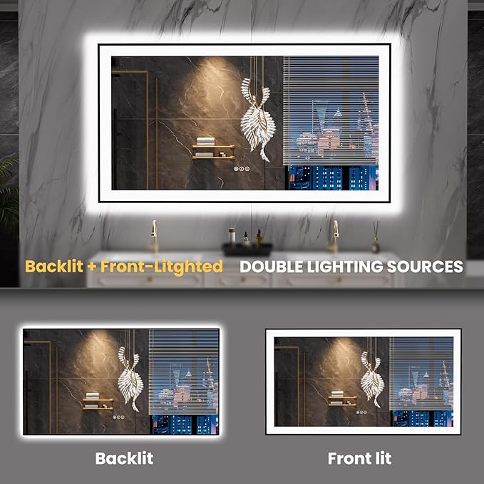 LOAAO 55"X30" LED Bathroom Mirror Black Framed, Anti-Fog, Dimmable, Lighted Bathroom Vanity Mirror for Wall, Memory Function, Tempered Glass