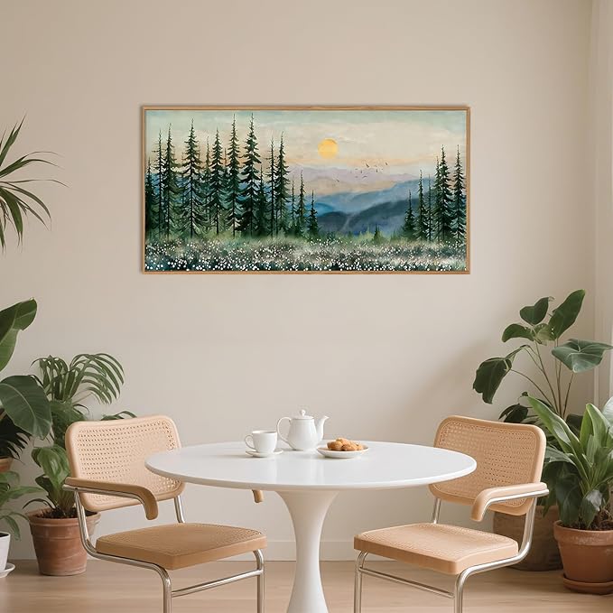 Nature Sunset Forest Framed Canvas Wall Art Set,Watercolor Landscape Green Pine Tree Wall Decor, Modern Boho Mountain Art Printing for Living Room,Bedroom-20 x40