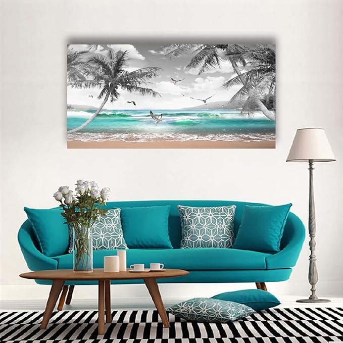 Beach Palm Pictures Canvas Wall Art For Living Room Bedroom Wall Decor,Sea Wave Wall Art Print Paitnings For Home Decor,Morden Artwork Coconut Tree Canvas Art Ready To Hang-20X40Inches