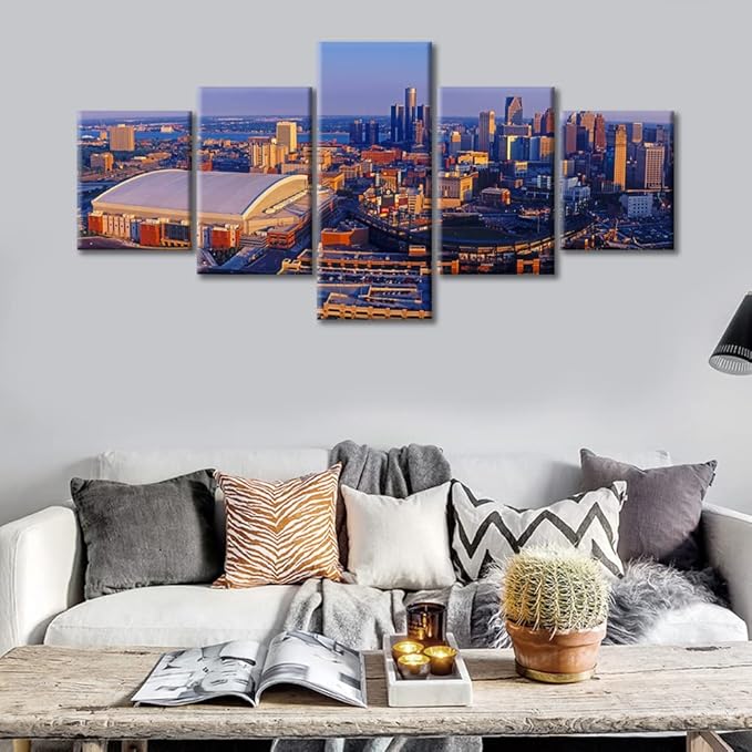 Beautiful Detroit Cityscape Home Decor Posters and Prints Detroit City Skyline Art Prints 5 Piece City Night Pictures Canvas Wall Art House Decor Stretched and Framed Ready to Hang (50"Wx24"H)