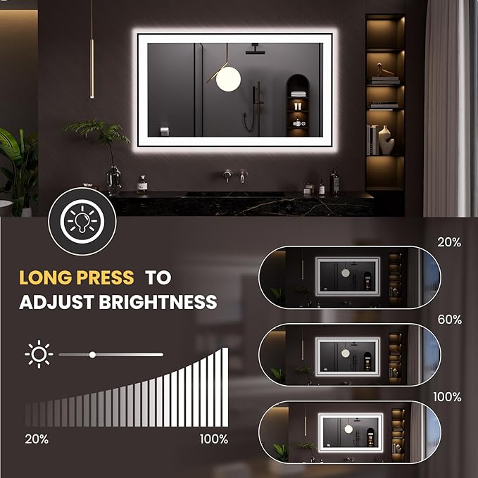 LOAAO 48"X28" LED Bathroom Mirror Black Framed, Anti-Fog, Dimmable, Lighted Bathroom Vanity Mirror for Wall, Memory Function, Tempered Glass