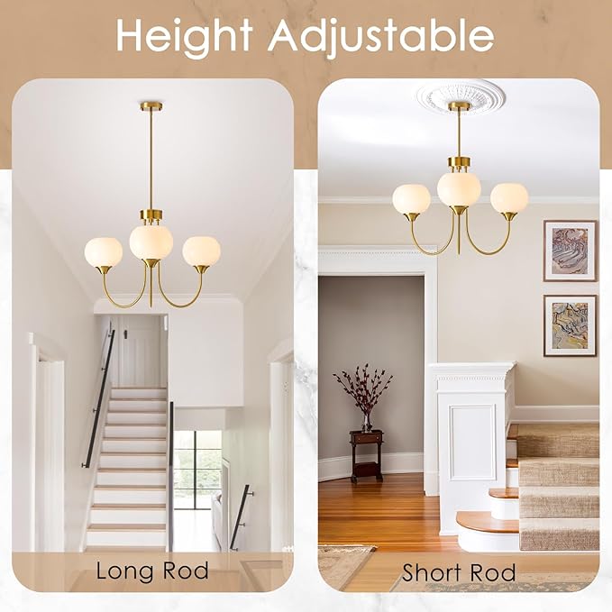 Modern Globe Chandelier 3 Light Mid Century White Milk Glass Vintage Sputnik Chandeliers Gold Pendant Light Fixtures for Dining Room Kitchen Living Room Bedroom