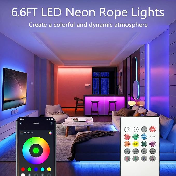 6.6FT Neon Rope Lights,Flexible Led Light Control with App/Remote,Multiple Modes,IP67 Outdoor Waterproof,Music Sync Strip for Bedroom
