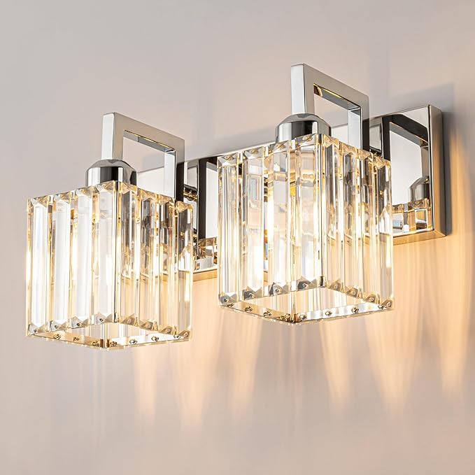 Modern Bathroom Vanity Light 2-Lights Chrome Crystal Wall Lamp Bathroom Modern Crystal Vanity Lighting