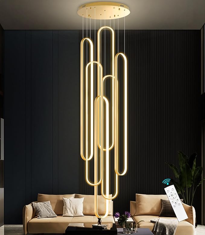 Modern Large Chandelier for Foyer LED Dimmable Black Chandeliers 6 Rings High Ceiling Chandelier for Staircase Living Room Villa