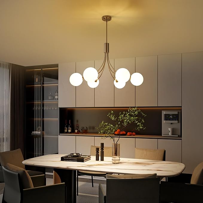 6-Light Brushed Nickel Chandelier, Modern Dining Room Light Fixture Hanging, Sputnik Chandelier for Living Room Kitchen Island Bedroom Entryway, Milk White Globe Glass Shade