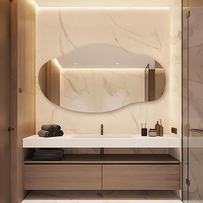 LED Wall Mirror - Asymmetrical Light Up - Frameless Irregular Vanity Wavy Mirror with Light for Bathroom Bedroom Living Room(''15.7''x''29.5'' in)