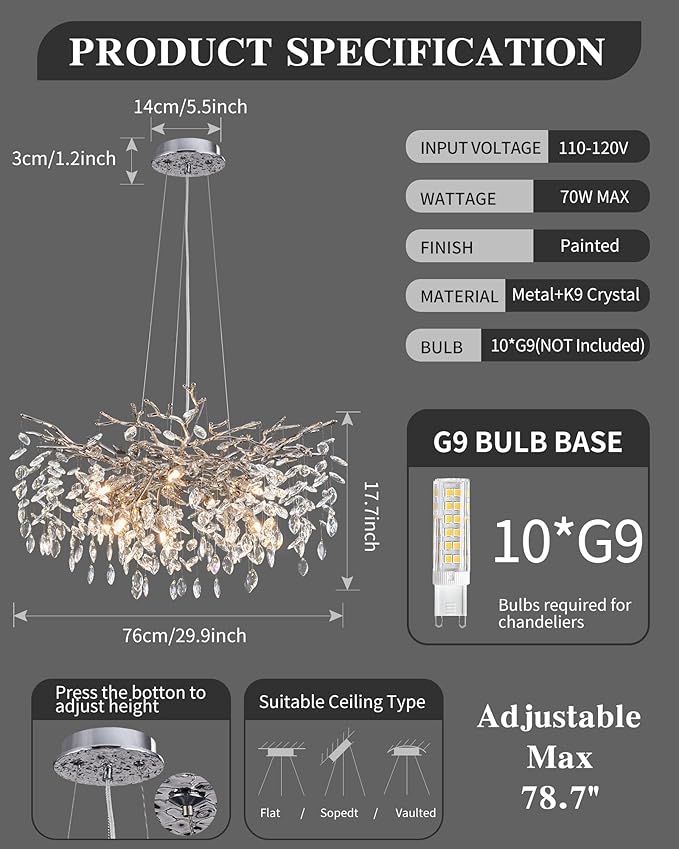 Modern Tree Branch Crystal Chandelier Luxury Silver Crystal Pendant Lighting 30" Contemporary 10-Light Chandeliers for Dining Room Kitchen Bedroom Living Room