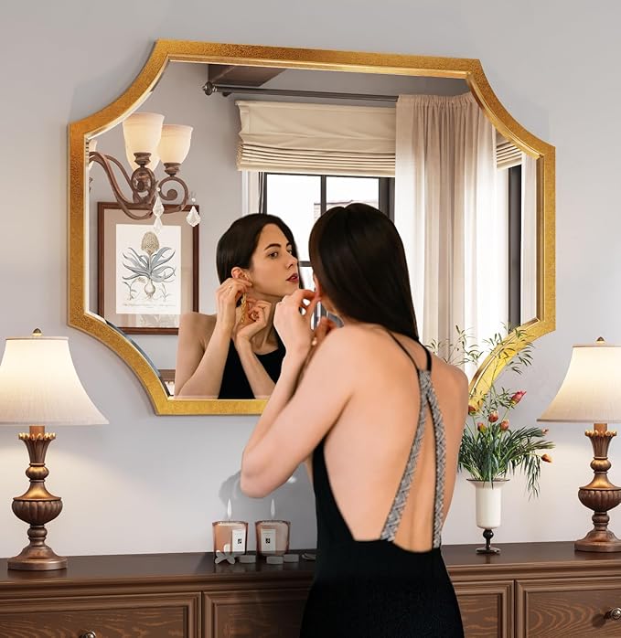 Kelly Miller Small Gold Mirror for Wall, 20"x28" Gold Bathroom Vanity Mirror Scalloped Mirror Decorative Wall Mirror Beveled for Master Bath Half Bath Living Room Bedroom Fireplace Mantle Entryway