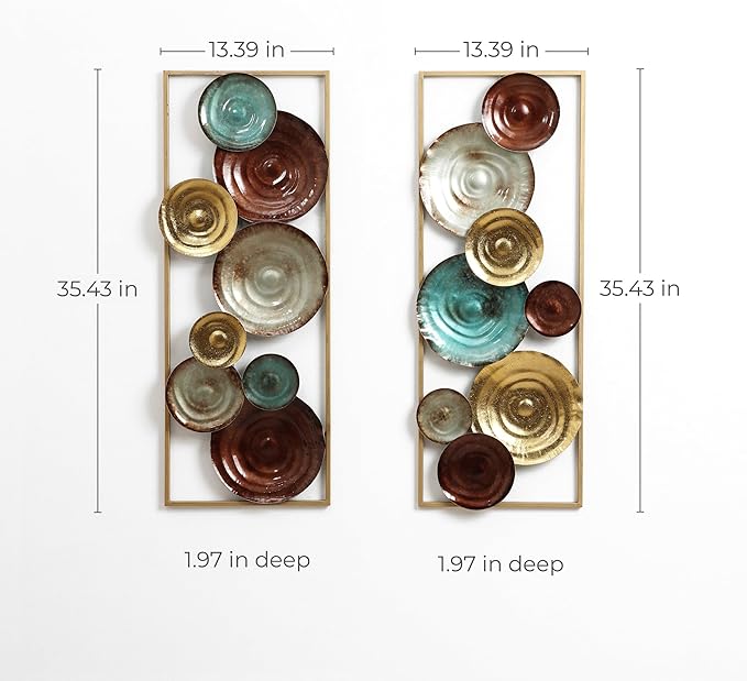 LuxenHome Metal Wall Art, Set of 2 Modern Multi-Color Gems Abstract Wall Decor Panels with Frame, 35" Hanging Sculptures Decor for Living Room, Metal Artwork Accent for Bedroom Dining Room Office