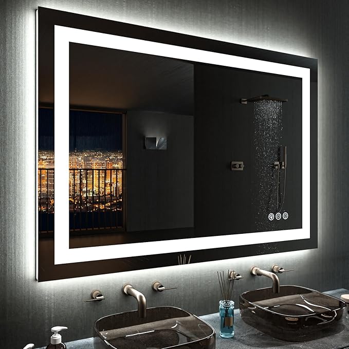 LOAAO 48"X40" LED Bathroom Mirror with Lights, Anti-Fog, Dimmable, RGB Backlit + Front Lighted, Bathroom Vanity Mirror for Wall, Memory Function, Waterproof, Tempered Glass