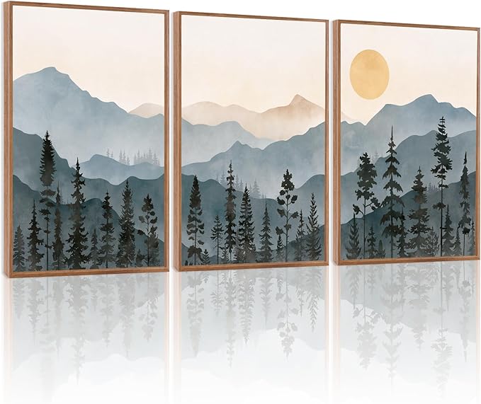 LHIUEM Boho Mountain Framed Canvas Wall Art Set of 3(12”X16”) Forest Pine Tree Wall Decor Nature Sunrise Wilderness Landscape Art Painting Forest Wall Art for Living Room Bedroom Dining Room Office