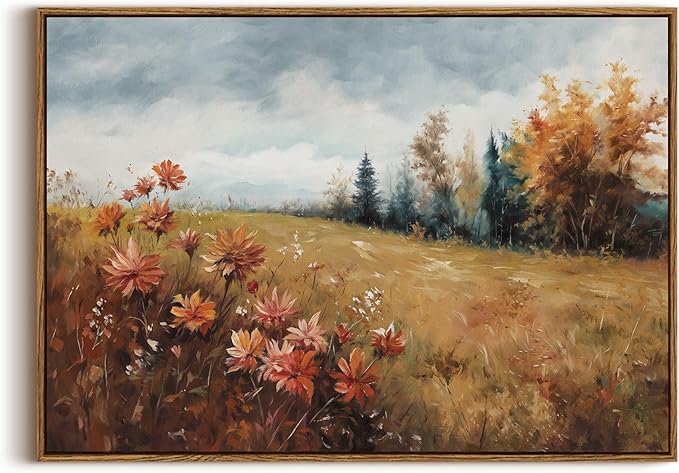 KISSFOX Vintage Fall Countryside Framed Wall Art Autumn Wildflower Forest Landscape Canvas Art Farmhouse Floral Golden Fields Paintings Artwork Rustic Serene Art Prints For Kitchen Living room Bedroom
