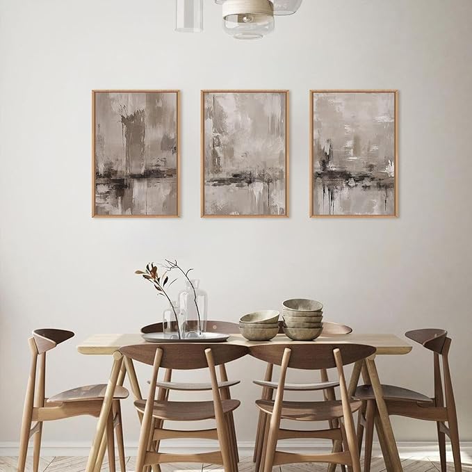 KAIRNE 3 Piece Abstract Neutral Gray & Beige Pastel Framed Canvas Wall Art Set - Minimalist Shapes, Modern Brush Stroke Design - Perfect for Living Room, Bedroom, Office Decor - 16"x24"