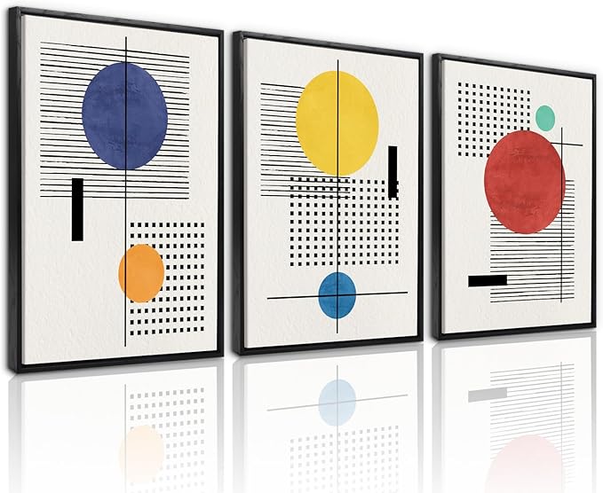 LHIUEM Mid-Century Modern Geometric Wall Art Framed Minimalist Large Painting Set of 3(12”X16”) Boho Black Framed Wall Decor Beige Bohemian Line Art Prints for Living Room Bedroom Gallery
