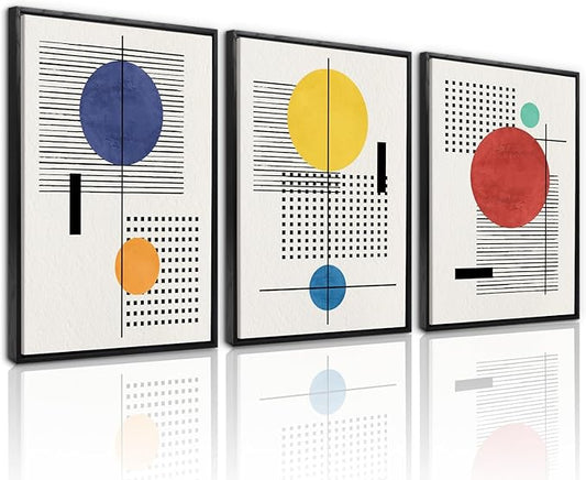 LHIUEM Mid-Century Modern Geometric Wall Art Framed Minimalist Large Painting Set of 3(12”X16”) Boho Black Framed Wall Decor Beige Bohemian Line Art Prints for Living Room Bedroom Gallery