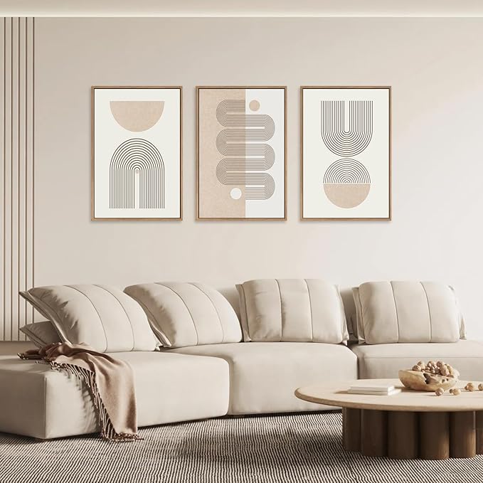 CHDITB Framed Boho Wall Art Set of 3, 24"x36" Beige Mid Century Modern Wall Decor, Abstract Geometric Line Wall Painting, Large Neutral Bohemian Canvas Art Print for Living Room, Bedroom, Office